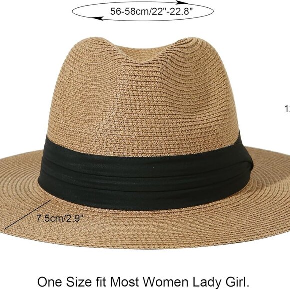 Women Wide Brim Straw Panama Roll up Hat Fedora Beach Sun Hat + - Picture 2 of 4
